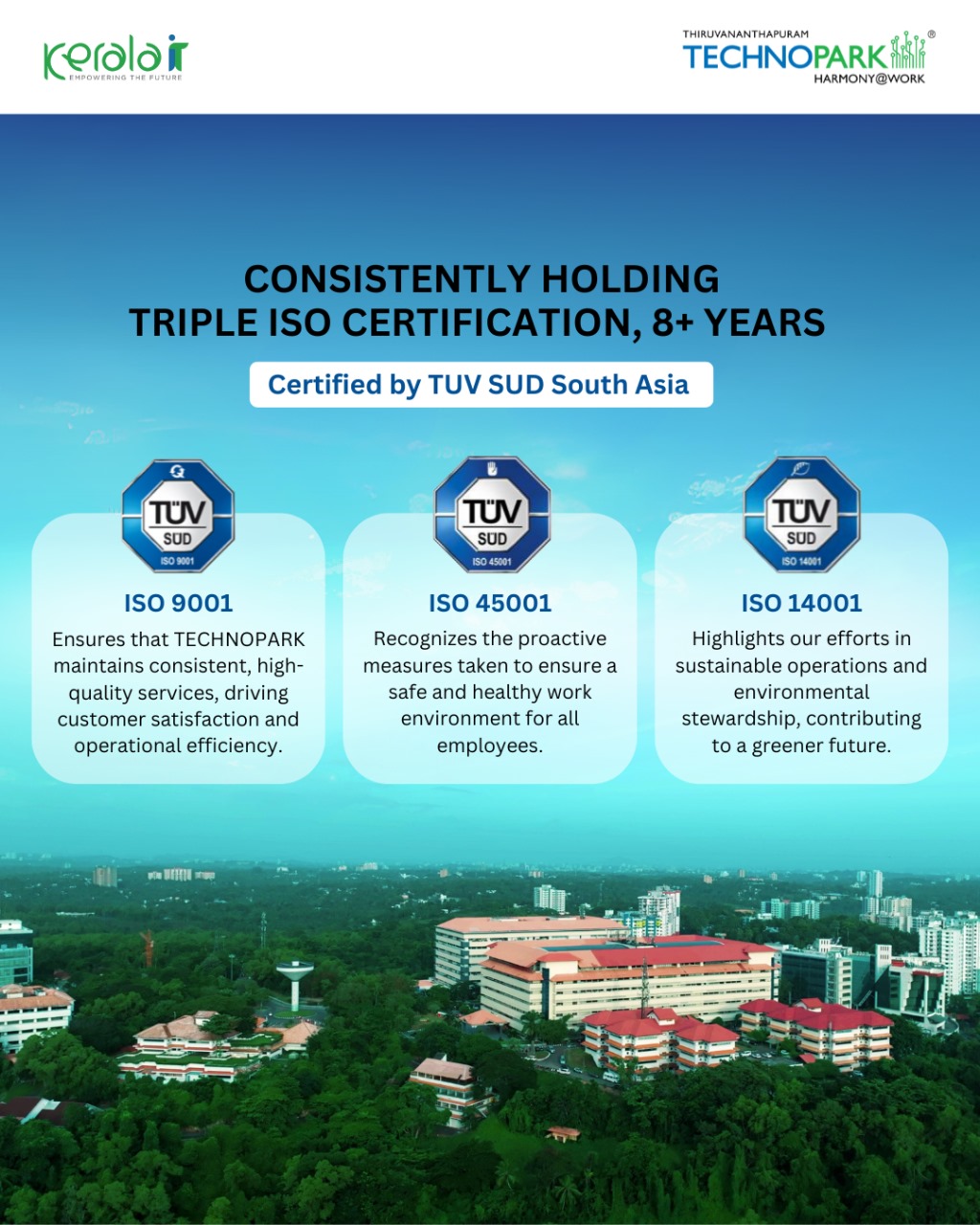 Technopark retains ISO certifications for quality, environment and safety management