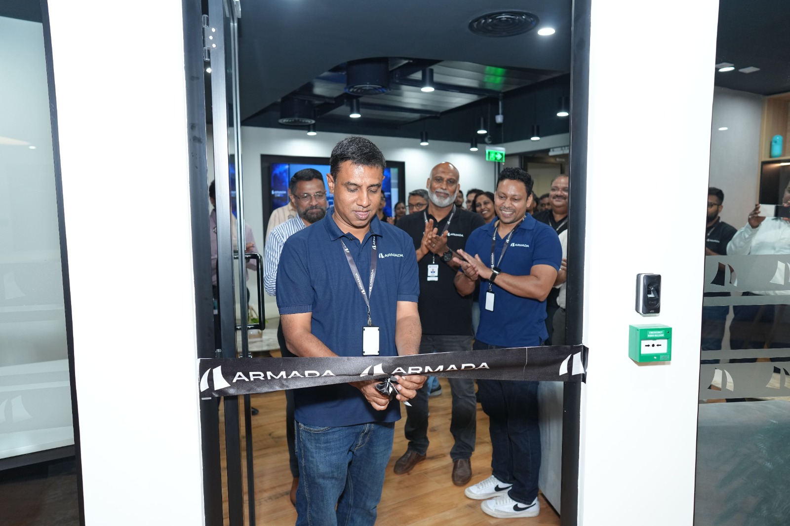 Ribbon-cutting by Founding CTO Mr. Pradeep Nair, alongside Col Sanjeev Nair (Retd.), Mr. Sarath Chandran, Mr. Anish Swaminathan, and officials from Technopark, the Embassy, and Armada India.